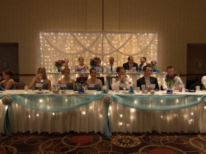 an elegant blue springs wedding reception is held in the grand ballroom